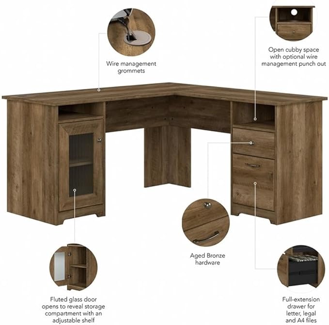 Pemberly Row 60 L-Shaped Engineered Wood Computer Desk Reclaimed Pine Brown Finish Wire Management Storage Cabinet with File Drawer Fluted Glass Door Home Office Desk