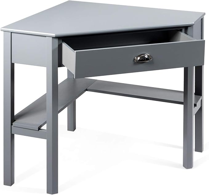 RELAX4LIFE Corner Computer Desk Triangle with Drawer and Shelves Stable Laptop PC Table Home Office Writing Desk Study Workstation Desk (Gray)