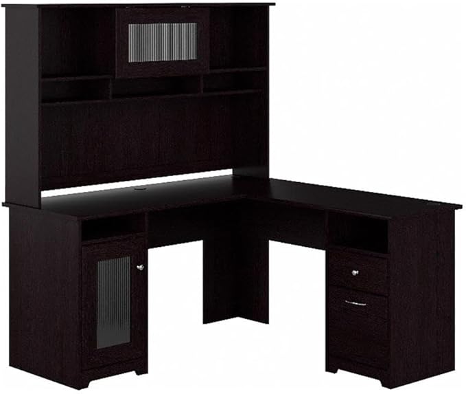 BOWERY HILL L Shaped Desk with Hutch Engineered Wood Espresso Oak Finish 60W Desktop with Wire Management Fluted Glass Door Storage Cabinet File Drawer Home Office Furniture