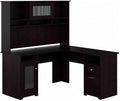 BOWERY HILL L Shaped Desk with Hutch Engineered Wood Espresso Oak Finish 60W Desktop with Wire Management Fluted Glass Door Storage Cabinet File Drawer Home Office Furniture