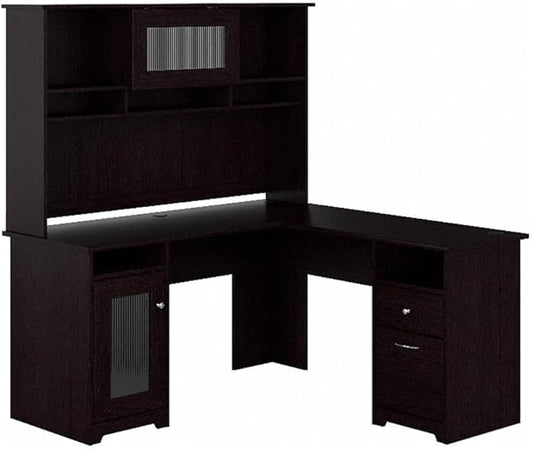 BOWERY HILL L Shaped Desk with Hutch Engineered Wood Espresso Oak Finish 60W Desktop with Wire Management Fluted Glass Door Storage Cabinet File Drawer Home Office Furniture