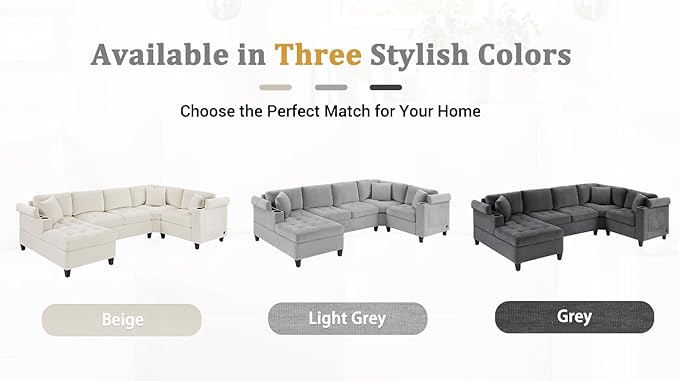 Merax 115.7 U-Shaped Chenille Sectional Sofa 4 Seat Corner Couch Oversized with Built-in Cup Holders 3 Pillows Storage Space for Living Room Grey