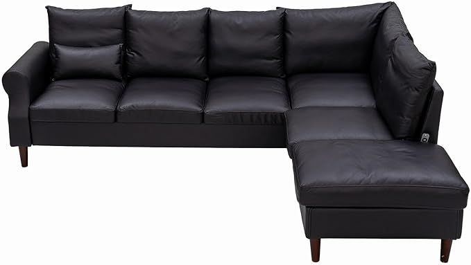Panana Upholstered Sofa Couch Linen Fabric/Artificial Leather L Shaped Corner Sectional Modern Living Room Sofa (Black Faux Leather 6 seat Right Corner with Built-in USB Port)