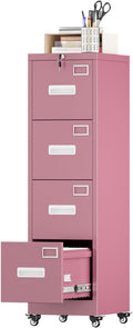 Aobabo 4 Drawer File Cabinet with Wheels Lockable Office Metal Filing Cabinet with Name Card for Office and HomeAssembly RequiredPink