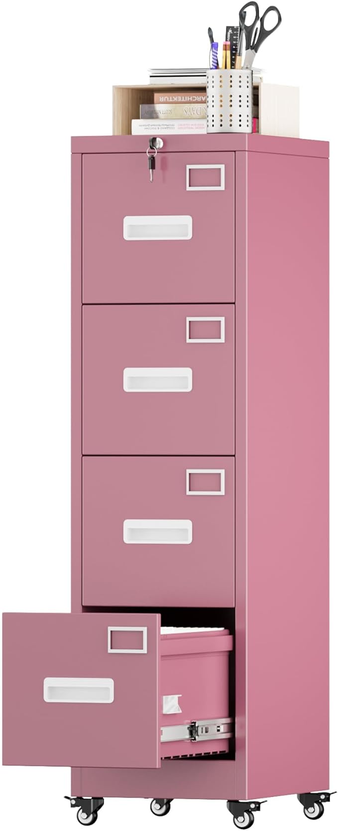 Aobabo 4 Drawer File Cabinet with Wheels Lockable Office Metal Filing Cabinet with Name Card for Office and HomeAssembly RequiredPink