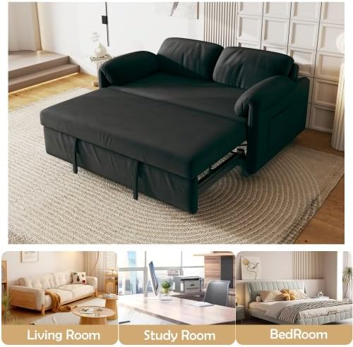 54'' Corduroy 3-in-1 Convertible Sofa Bed Pull Out Sleeper Loveseat Couch with USB Ports &amp Storage Pockets Futon Couches for Small Space Living Room Apartment (Black)