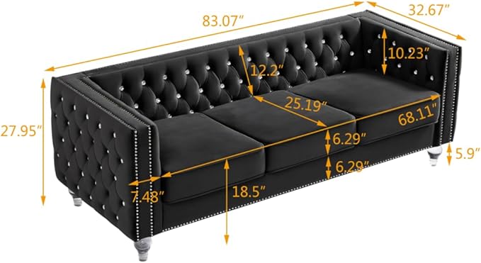 i-POOK 83 W 3 Seat Velvet Couch Chesterfield Sofa with 2 Plush Pillows Crystal Legs and Nailhead Trim Arms Button Tufted Black Couch for Living Room Office Guests Room