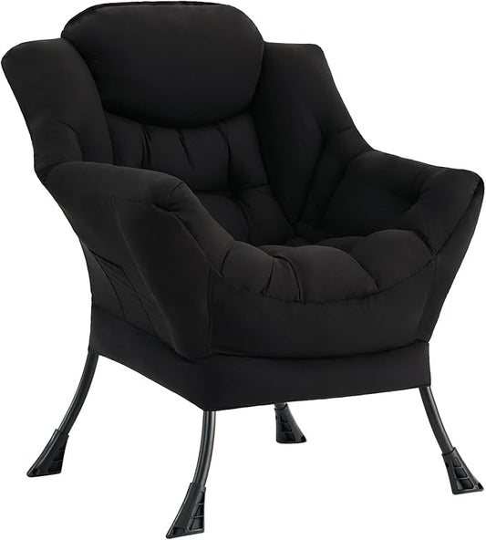 Lazy Chair Modern Soft Reading Chair Accent Contemporary Sofa Chair with Armrests and a Side Pocket for Living Room Bedroom Dorm &amp Office Black