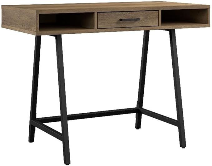 Pemberly Row 40 W Writing Desk Reclaimed Pine Finish Engineered Wood Industrial Style Compact Desk with Storage Box Drawer Open Compartments Powder-Coated Metal Legs for Home Office or Study
