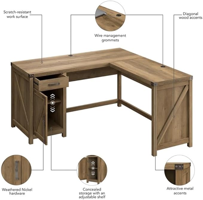 Bush Furniture Knoxville 60W L Shaped Desk with Drawer and Storage Cabinet in Reclaimed Pine Corner Computer Table for Home Office