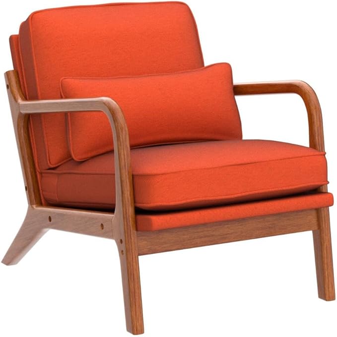 Karl home Accent Chair Mid-Century Modern Chair with Pillow Linen Fabric Upholstered Lounge Arm Chair with Solid Wood Frame &amp Soft Cushion for Living Room Bedroom Balcony Burnt Orange