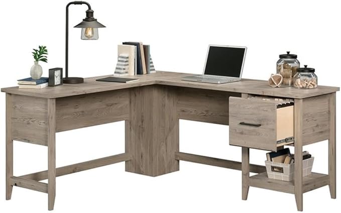 Scranton &amp Co L-Shaped Engineered Wood Computer Desk Laurel Oak Finish 58.66 W x 66.46 D x 29.02 H File Drawer Lower Shelf Cord Management Tapered Feet Home Office Desk