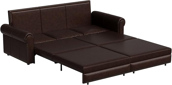 93.7 King Pull Out Sofa Bed Faux Leather Sleeper Sofa Couch 3 in 1 Convertible Futon Couches for Living Room Small Space Apartment Office Bedroom Modern Rivet Armrest Dark Brown