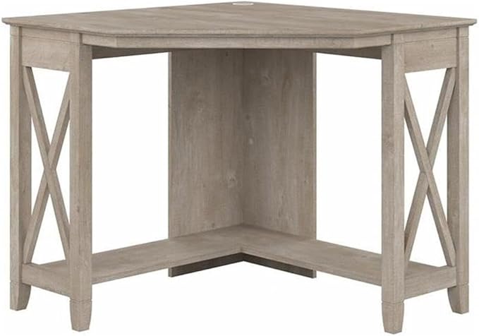 Pemberly Row Small Corner Desk 34 in x 34 in x 30 in Engineered Wood Washed Gray Finish Built-in Wire Management Grommet Casual Coastal Farmhouse Style Home Office Furniture for Compact Areas