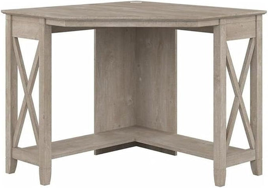 Pemberly Row Small Corner Desk 34 in x 34 in x 30 in Engineered Wood Washed Gray Finish Built-in Wire Management Grommet Casual Coastal Farmhouse Style Home Office Furniture for Compact Areas