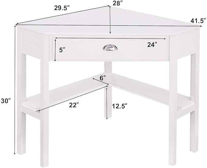 LDAILY White Corner Desk Triangle Makeup Vanity Desk for Small Space Compact Writing Desk with Storage Shelves &amp Drawer Space Saving Corner Computer Desk for Bedroom Home Office