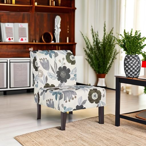 Signature Design by Ashley Triptis Floral Armless Accent Chair with Attached Cushions Fabric Upholstery Wood Legs 16.63 Seat Height White Blue &amp Gray