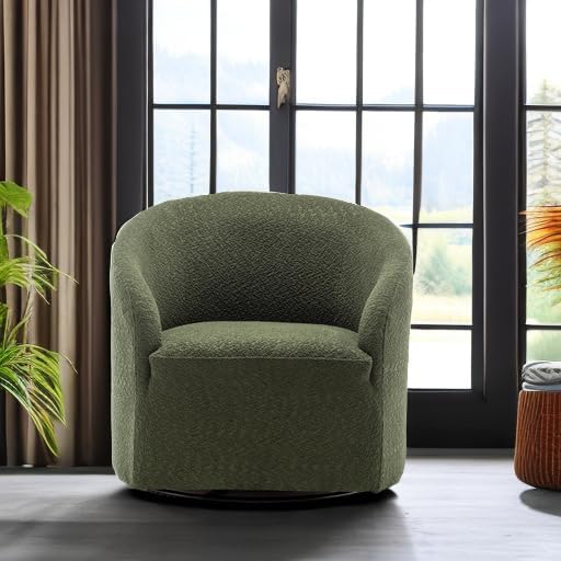 KINWELL 32 Wide Modern Boucle Swivel Barrel Chair No Assembly Round Upholstered Swivel Accent Armchair for Living Room Bedroom Office (Green)