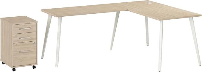 Bush Business Furniture L Shaped Computer Desk 60 inch with 3 Drawer Mobile File Cabinet Gaming Corner Table with Storage for Home Office Vista Collection Modern Beige/White