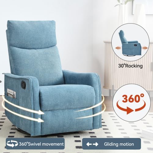 Massage Rocker Swivel Recliner Chair for Adults Manual Recliner Glider with Lumbar Heating Technical Flannel Fabric Nursery Glider Rocking Chair with Vibration Massage for Living Room - Blue