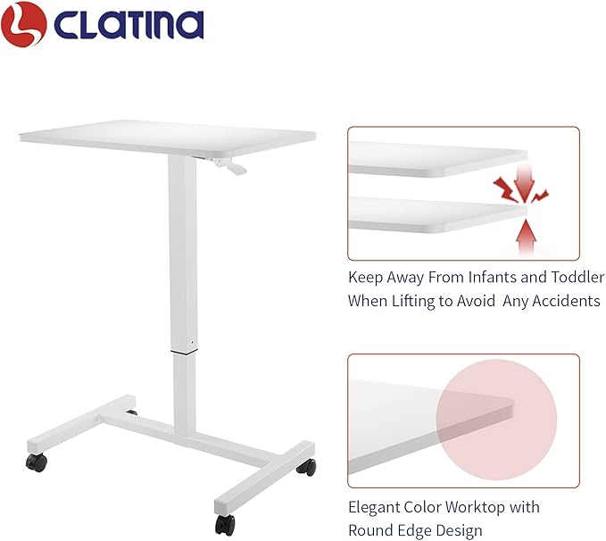 CLATINA Mobile Laptop Standing Desk Pneumatic Stand Table Rolling Adjustable Height Overbed Bedside Table with Lockable Wheels for Home Hospital Office Computer Workstation 28 x 19 Round Edge White