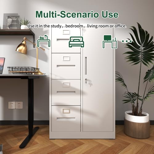 4 Drawer and 1 Door Metal File Cabinet with Lock Under Desk Locking Drawers Storage Cabinet Organizer Filing Cabinets for Home OfficeWhite-4Drawer-1Door
