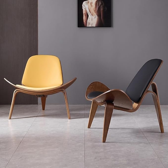 homary Leather Walnut Tripod Accent Chair High Back Lounge Chair with Soft Faux Leather Seat Sturdy Wood Frame for Living Room Bedroom (Black &amp Yellow)
