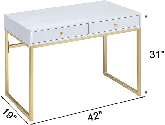 HomVent Contemporary Office Desk Modern Simple Home Office Desk Writing Desk Computer Desk Laptop Table Desk with 2 Storage Drawers and Metallic Legs Vanity Makeup Console Table (White &amp Brass)