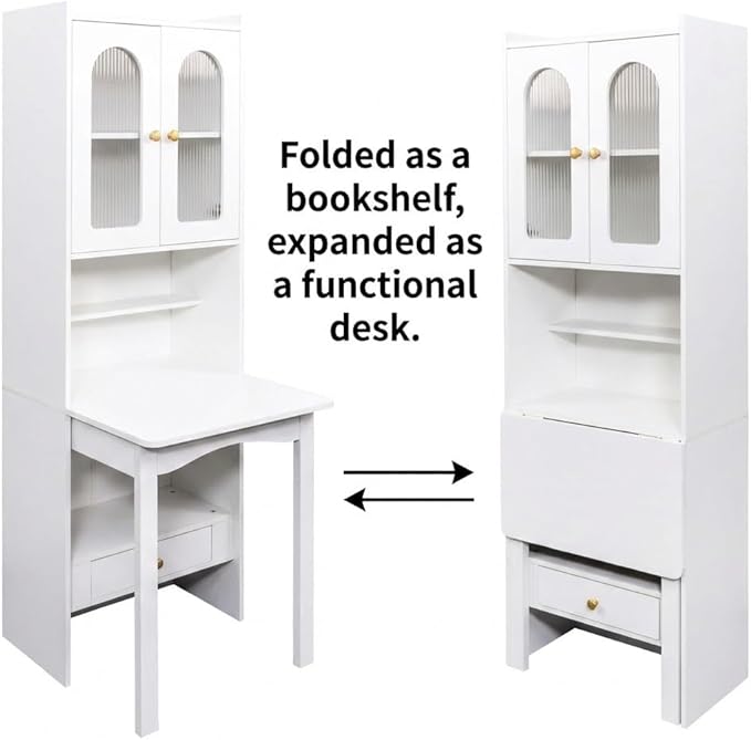Fold Out Desk with Storage Hidden Desk Craft Storage Cabinet - Space Saving Fold Out Table with Drawer &amp Shelves 5-in-1 Multi-Functional Workstation for Home Office Living Room Bedroom (White)
