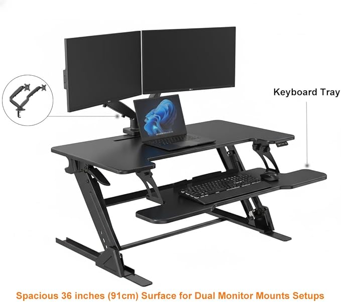 Standing Desk Converter 36 x 24 Inches - Height Adjustable Sit to Stand Riser with Keyboard Tray Ergonomic Workstation for Home Office Black