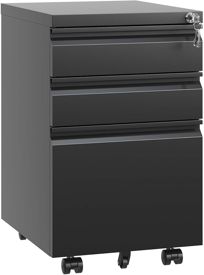3 Drawer Small File Cabinet with Lock Under Desk Locking Storage Cabinet Organizer for Home Office Filing Fully Assembled Mobile Metal DrawersBlack