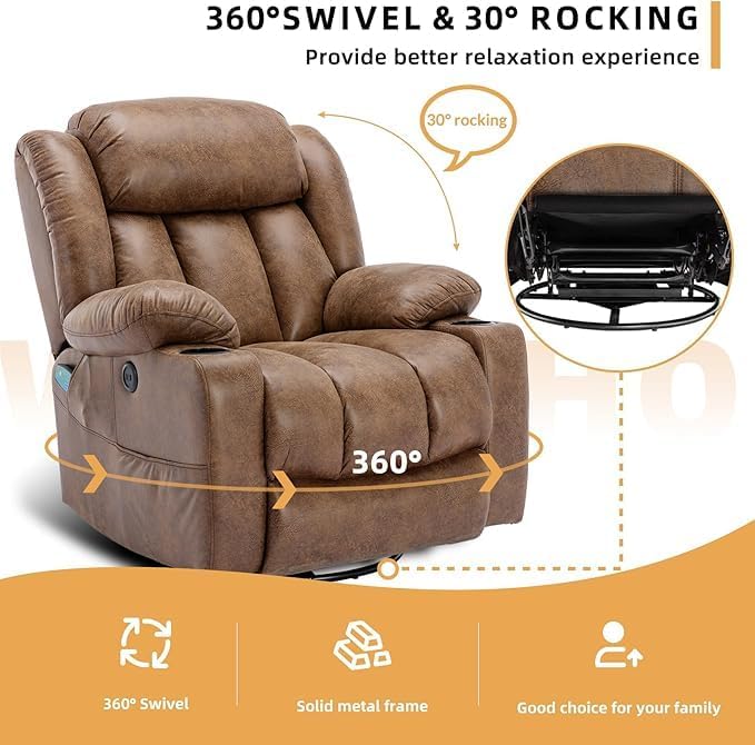 360° Swivel Glider Rocking Recliner Chair Overstuffed Manual Massage Recliner with Heat and Vibration Single Modern Sofa Home Theater Seating for Living Room USB Port/Cup Holders (Brown)