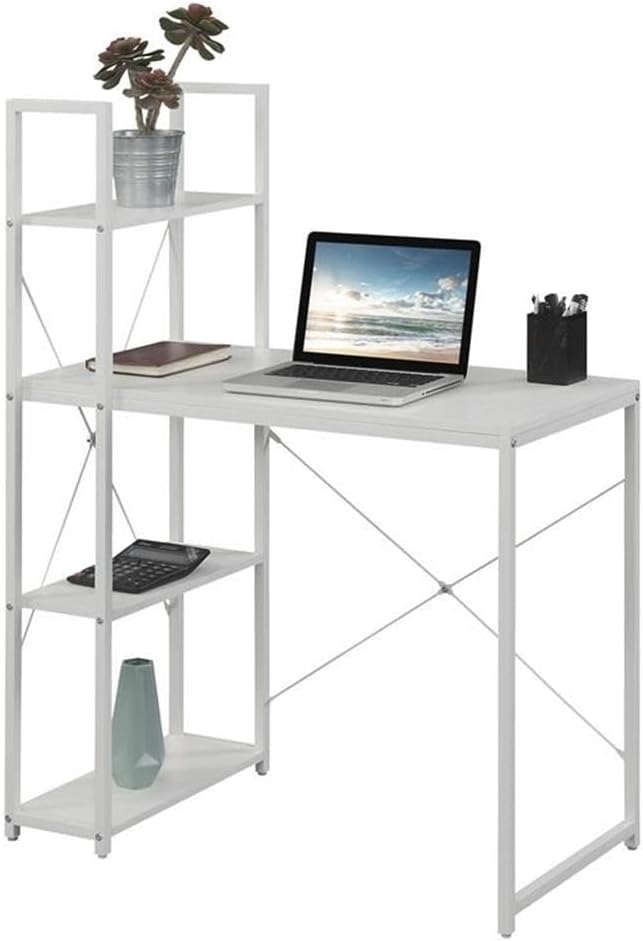 Pemberly Row Home Office Desk 36 x 19.5 x 47.25 in Particleboard &amp Powder-Coated Metal White Wood Finish 4 Shelves Sturdy Workstation for Computer Books Decor Study Workspace