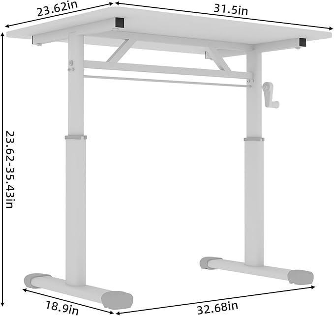 Adjustable Study Desk Hand-Crank Height Adjustable Sit-to-Stand Desk 60 x 80 cm Compact White Frame White Top Double-Column Stable Workstation for Home Office Study