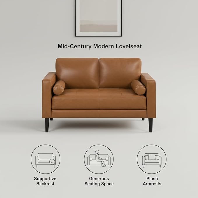 Naomi Home Genuine Leather Loveseat - Revel in Exquisite Leather Opulence - Unparalleled Luxury Mid Century Loveseat Embodiment of Cozy Lounging and Contemporary Design Tan