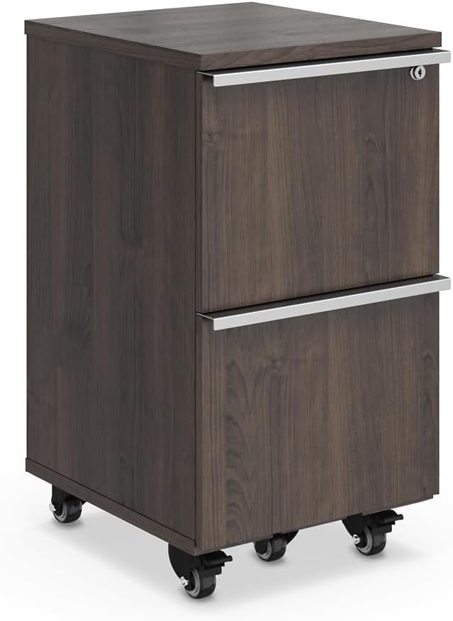 NBF District Two Drawer Mobile Storage Pedestal with Locking File Drawers - Small Rolling Filing Cabinet for Home Office - Printer Stand with Storage 20 W Walnut