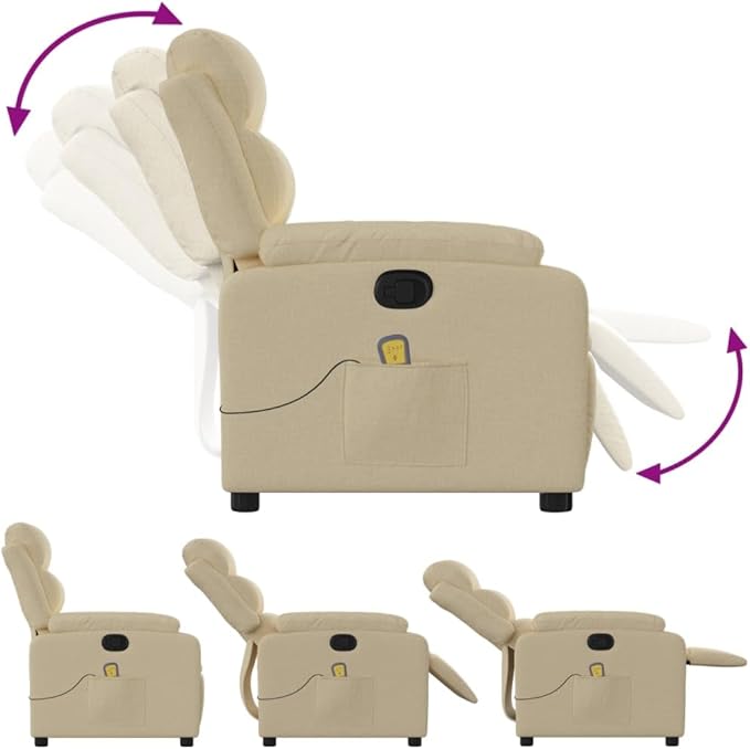 vidaXL Massage Recliner Chair for Elderly - Manual Recline Vibrating Armchair Cream Fabric 135° Tilt Padded Comfort Side Pocket Sturdy Frame