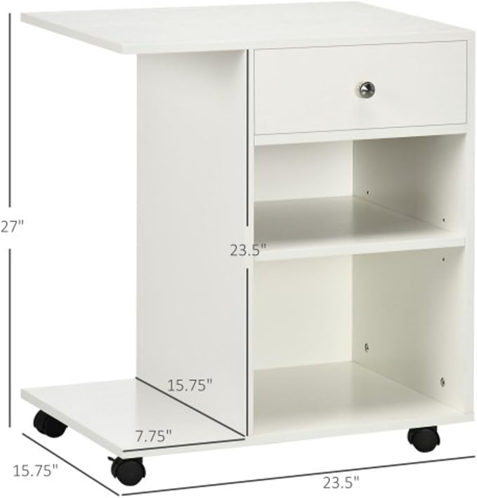 Mobile Printer Stand with Wheels Rolling File Cabinet Cart with Adjustable Shelf Drawer and CPU Stand White 23.5 W x 15.75 D x 27 H