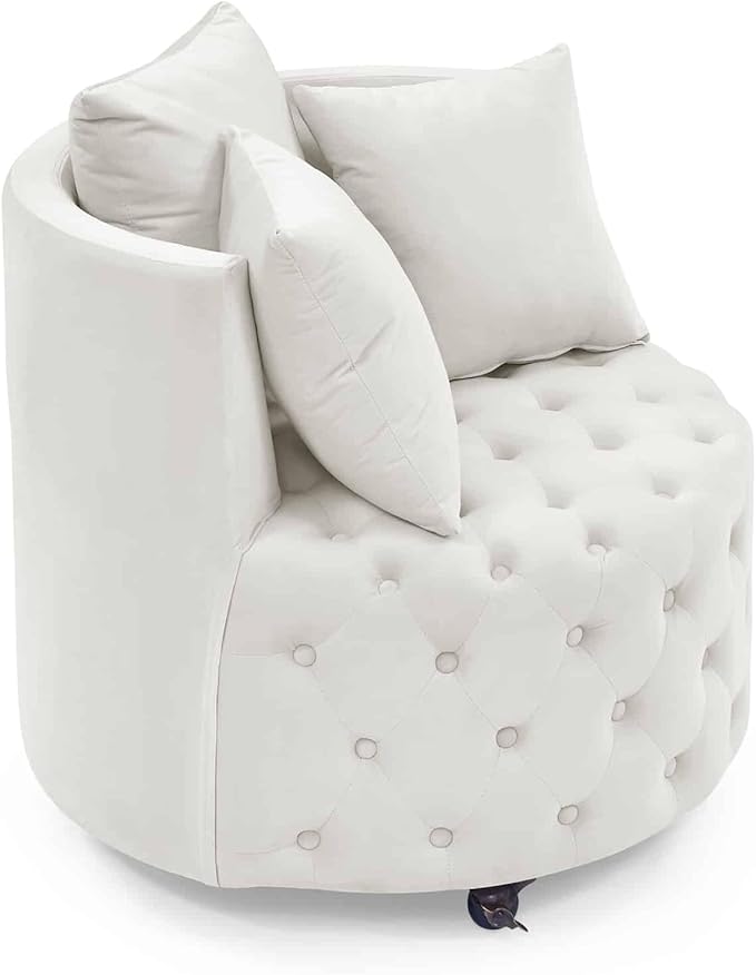 Velvet Upholstered Swivel Chair for Living Room with Button Tufted Design and Movable Wheels Including 3 Pillows Beige