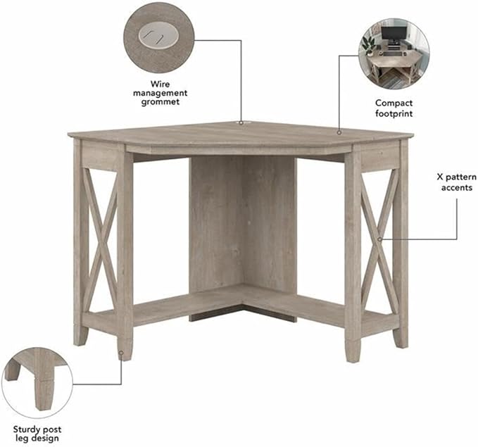Pemberly Row Small Corner Desk 34 in x 34 in x 30 in Engineered Wood Washed Gray Finish Built-in Wire Management Grommet Casual Coastal Farmhouse Style Home Office Furniture for Compact Areas