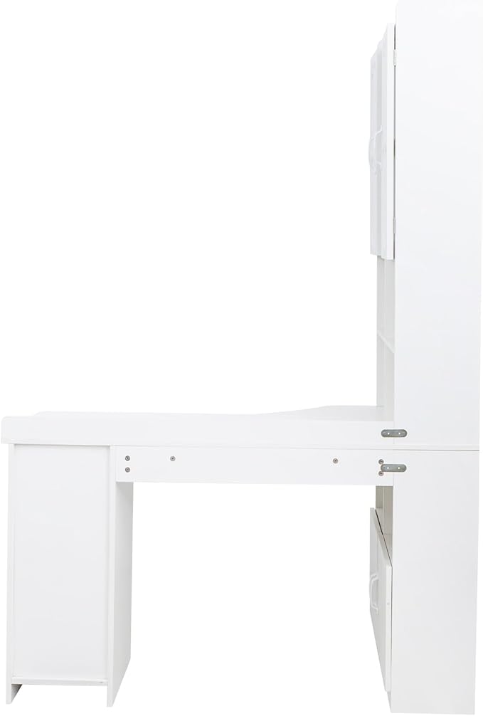 L-Shaped Corner Computer Desk with Bookshelf and Hutch Home Office Desk with Drawer Storage Cabinets Open Shelves and Drawer Work Desk for Bedroom Living Room Anti-Tip Device (White)