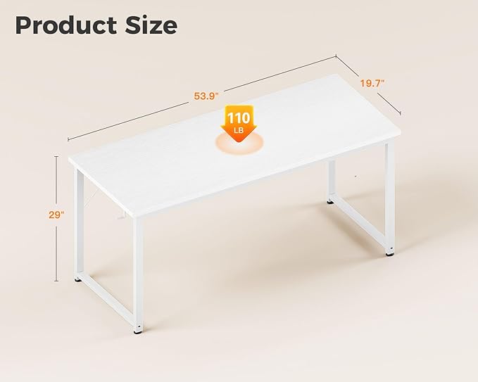 Casaottima 54 Inches Small Computer Desk Work Study Table for Home Office Kids Student Writing Desk with Headphone Hooks White