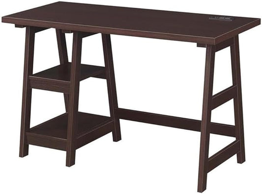 Pemberly Row Trestle Desk Espresso Wood Finish 47 in x 20 in x 29.25 in Charging Station with USB Ports 2 Fixed Shelves Contemporary Style Home Office Desk for Work or Study