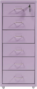 6 Drawer File Cabinet Metal Mobile Office Filing Organizer Vertical Lockable Office Filing Cabinet Heavy-duty Steel File Storage Cabinet with Keys and Wheels for Study Office Living Room (Purple)