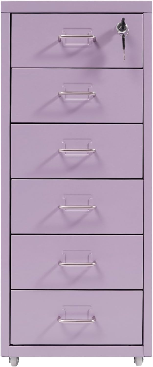 6 Drawer File Cabinet Metal Mobile Office Filing Organizer Vertical Lockable Office Filing Cabinet Heavy-duty Steel File Storage Cabinet with Keys and Wheels for Study Office Living Room (Purple)