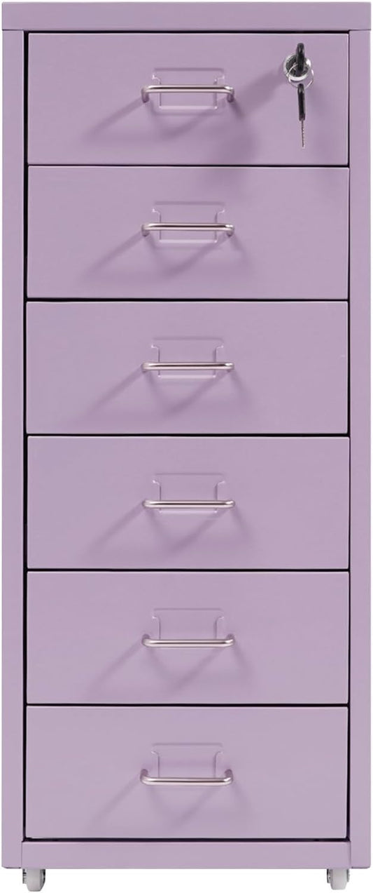 6 Drawer File Cabinet Metal Mobile Office Filing Organizer Vertical Lockable Office Filing Cabinet Heavy-duty Steel File Storage Cabinet with Keys and Wheels for Study Office Living Room (Purple)