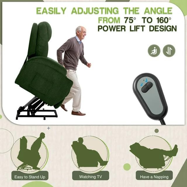 Furmax Electric Power Lift Recliner Chair with Massage for Elderly Corduroy Fabric Recliner Single Sofa with Cup Holders Side Pockets and Remote Control for Living Room Bedroom (Green)