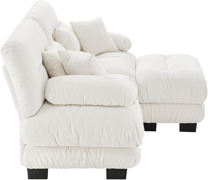 Deep Seat Sectional Sofa 94.4 Comfy Cloud Couch Loveseat with Ottoman Chenille 2 Seater Sofa with 2 Lumbar Pillows and 2 Throw Pillows Couches for Living Room (White 2 Seat + 1 Ottoman)