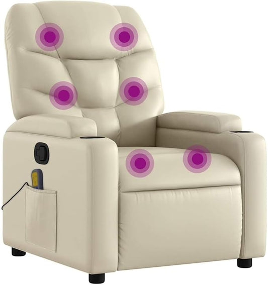 vidaXL Massage Recliner Chair - Cream Faux Leather Manual Reclining Vibration Massage Functions Cup Holders Solid Frame - Home Office Living Room