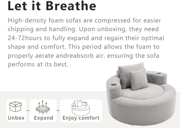 55 Oversized Round Boneless Couch Sofa Velvet Memory Foam Cloud Couches Lounge Chair Comfy Fluffy Single Sofa with 3 Pillows for Living Room Bedroom No Assembly Required (Grey.)